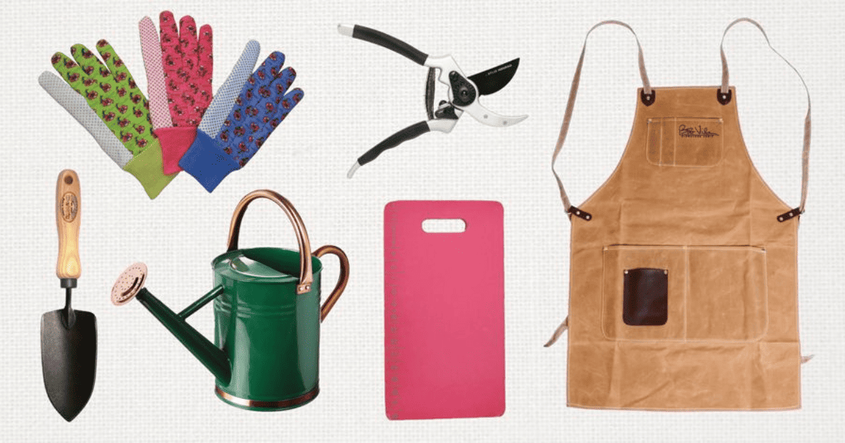 A variety of gardening tools, including an apron and a gardening tool.