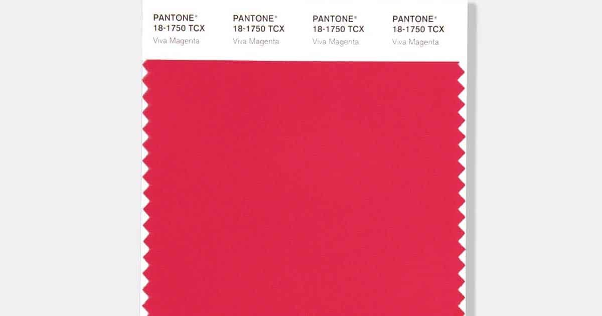Pantone color sample card showing shade 18-1750 tcx, named via magenta, with a textured, zigzag edge on top.