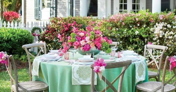 Encore Azalea flowers in a garden party wedding centerpiece