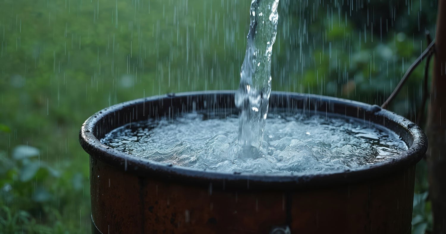 Rainwater pouring into barrel to collect for watering azaleas