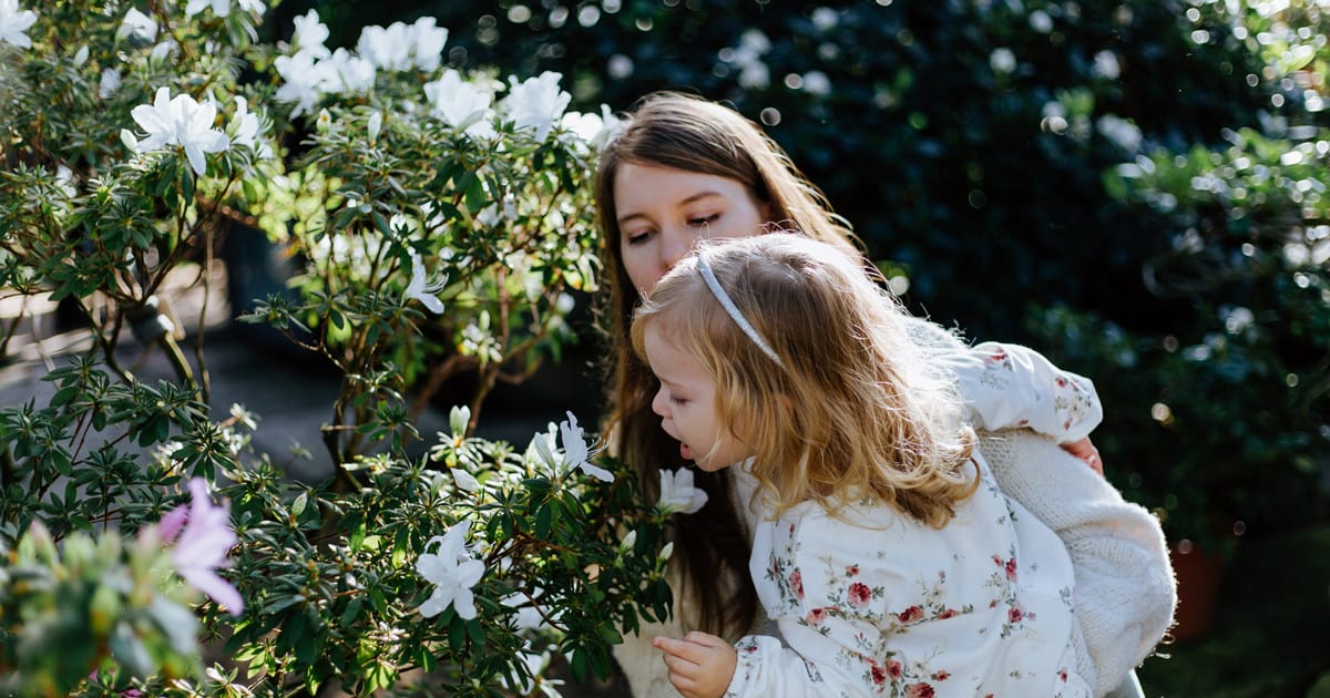 Mother and child look at Encore Azalea blooms