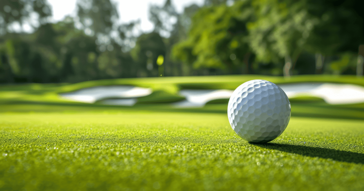 A close-up of a golf ball on a vibrant green, with sand bunkers and a water hazard visible in the softly focused background.