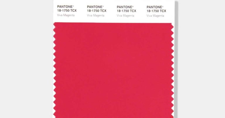Pantone color sample card showing shade 18-1750 tcx, named via magenta, with a textured, zigzag edge on top.