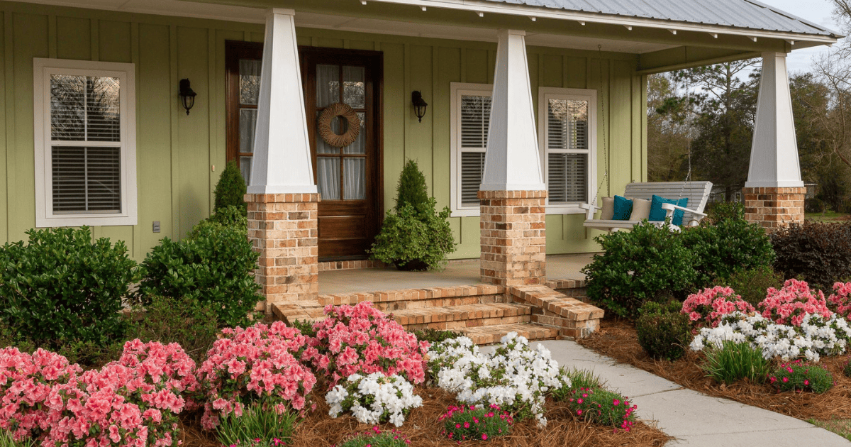 Pink and while dwarf azaleas planted in front of a house porch