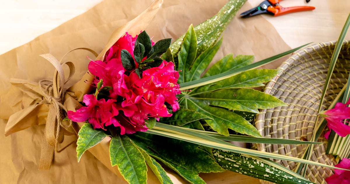 DIY Valentine's Bouquet of Encore Azalea blooms and tropical foliage