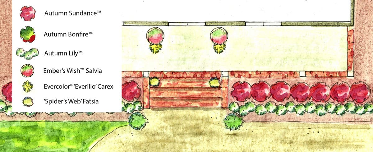 garden plan showing encore azaleas and other plants along a porch